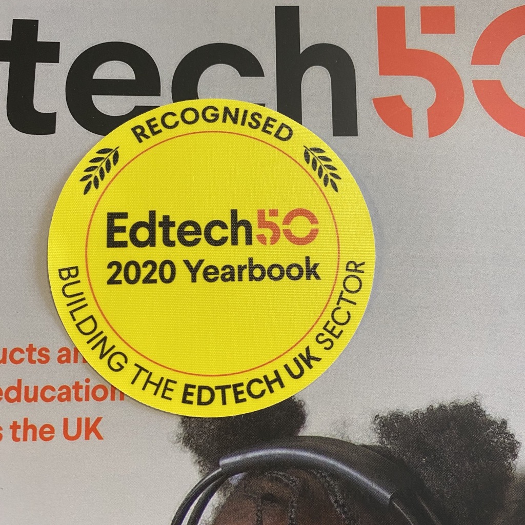 Circular sticker: 'Recognised Edtech50 2020 Yearbook. Building the Edtech UK sector.'