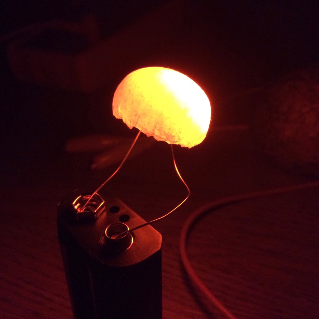 Glowing mushroom cap connected to battery